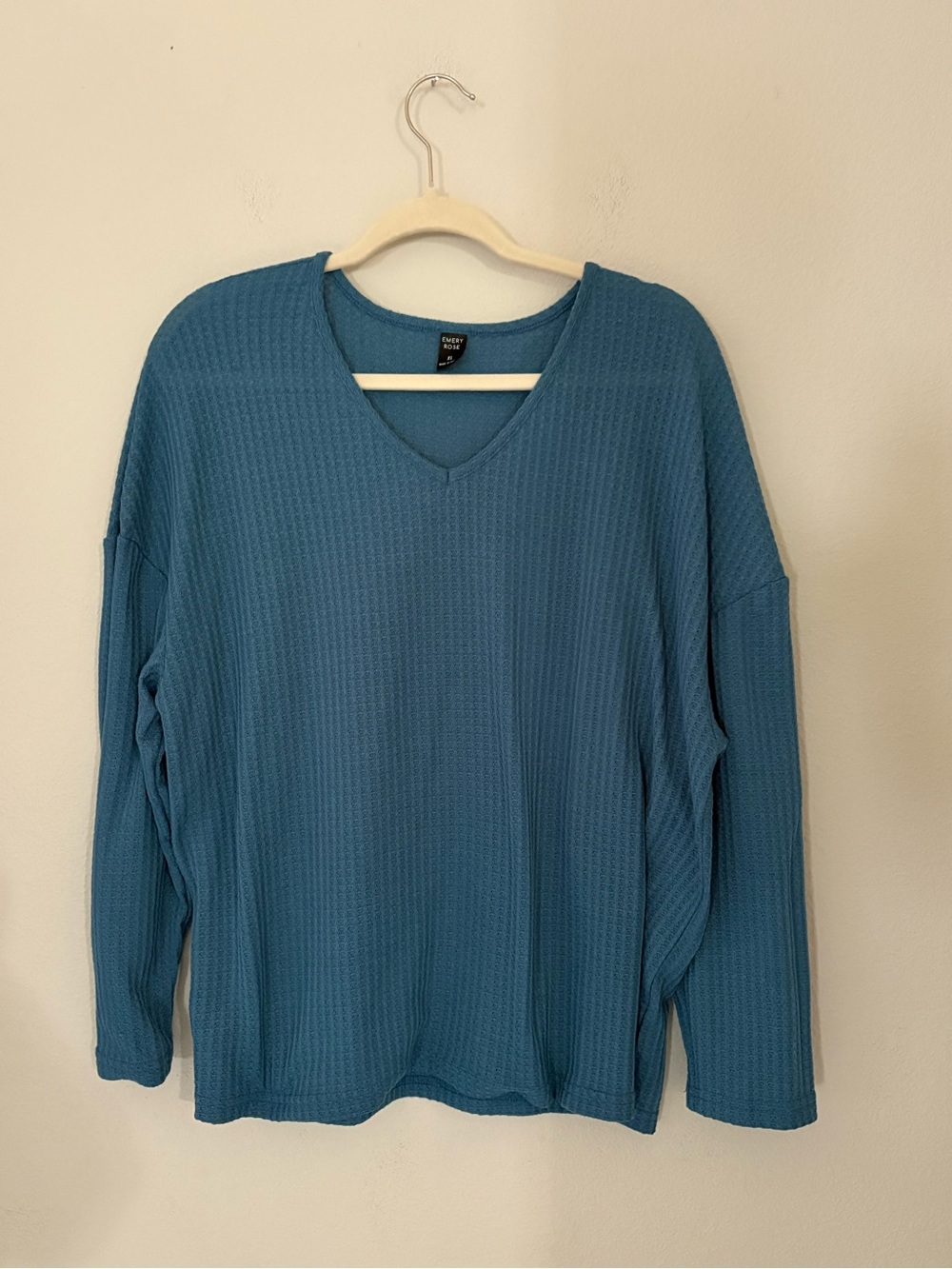 Emery Rose Teal Blue Waffle Knit V-Neck Sweater Top XL | Boho Cozy Casual